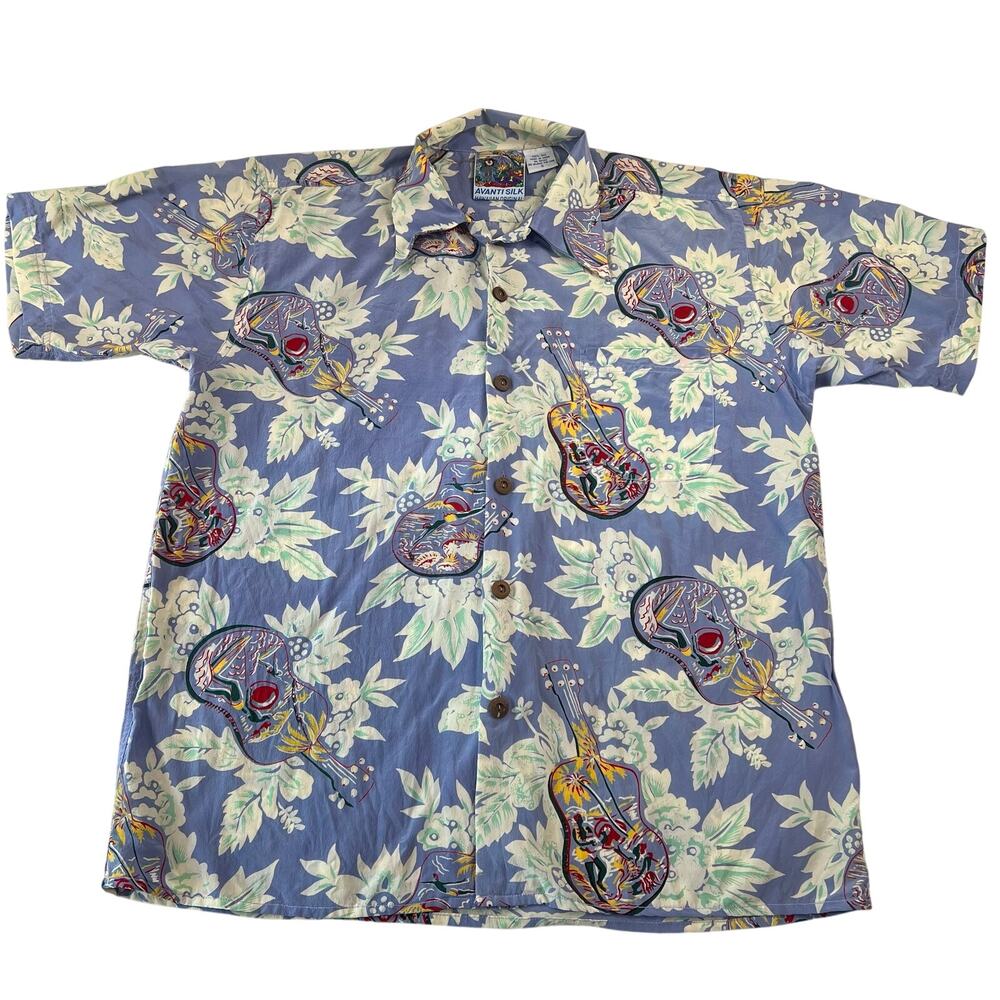 Avanti Silk Hawaiian Vintage Shirt Men's size Small Blue Ukulele AOP